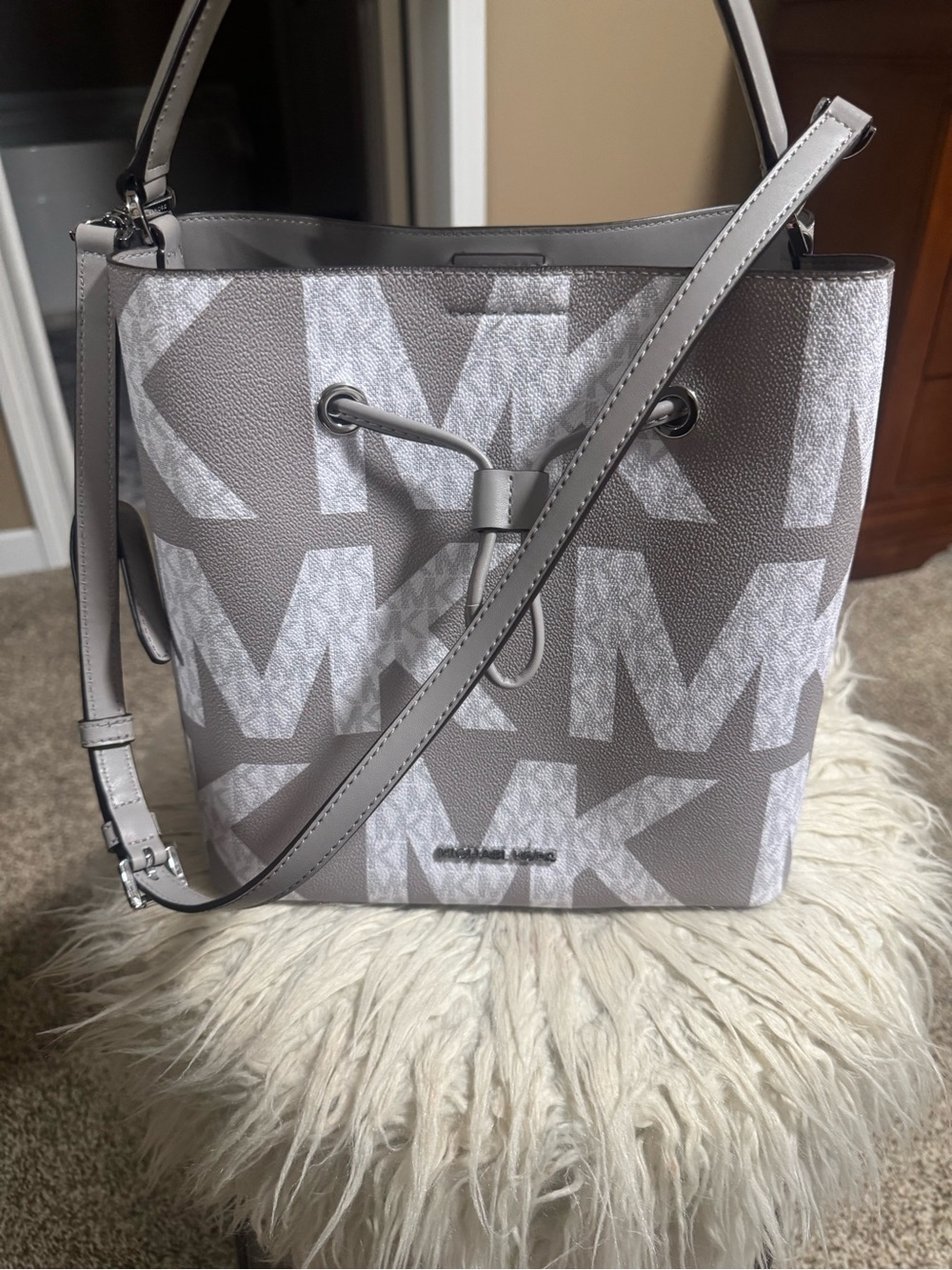 Michael Kors Gray & White MK Logo Drawstring Bucket Shoulder Bag